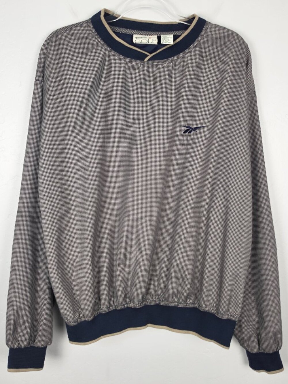 Reebok Golf Vintage Warm-Up Pullover Crew Neck Windbreaker Check Navy Tan Mens M